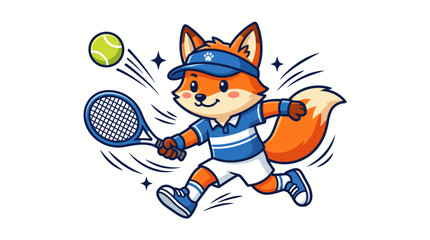 Cute athletic fox mascot playing tennis with racket and ball