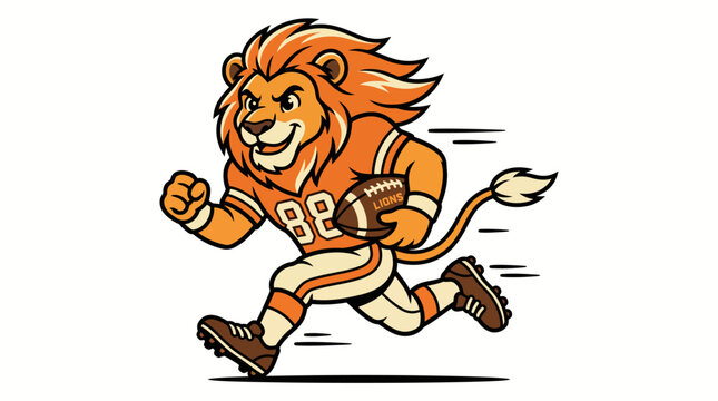 Lion mascot running with American football in orange team uniform