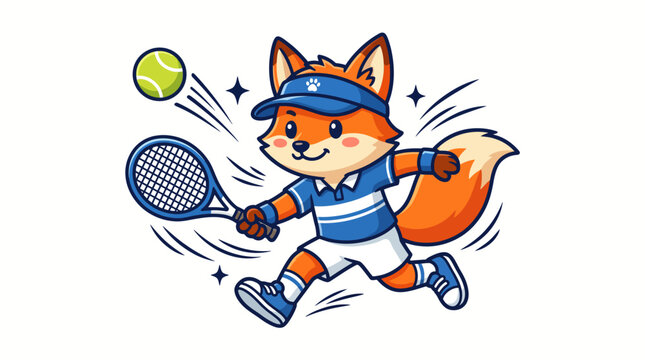 Cute athletic fox mascot playing tennis with racket and ball