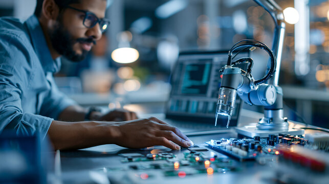 A robotics electronics laboratory bench with a laptop and small robot arm beside scattered chips, hispanic engineer concept, robotics laboratory, university research, programming