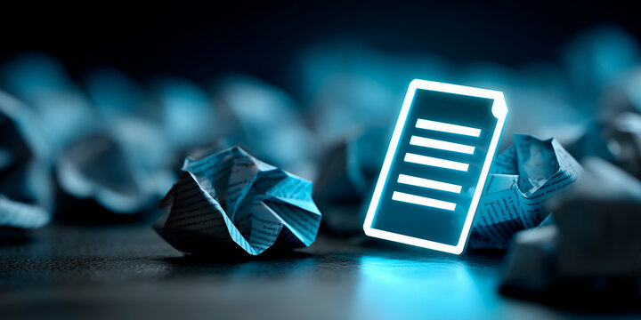 A glowing document icon surrounded by discarded drafts, representing final approval quality assurance and success after review editing and persistent improvement