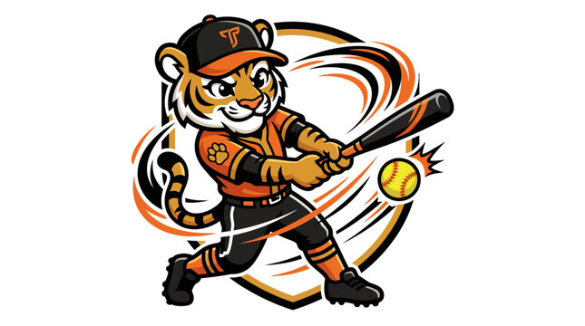 Athletic Tiger Mascot Hitting Baseball in Orange and Black Uniform