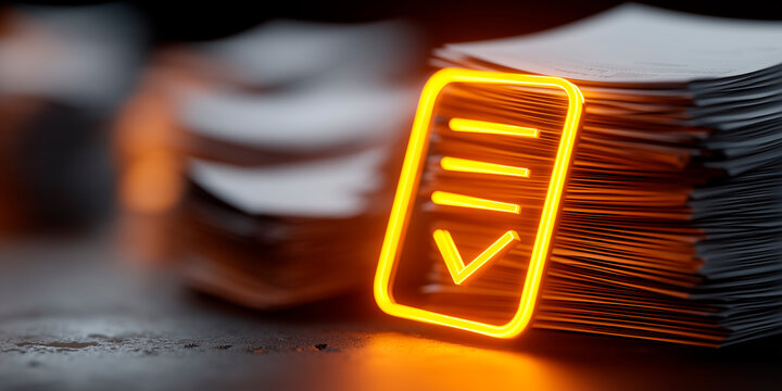 A glowing document icon surrounded by discarded drafts, representing final approval quality assurance and success after review editing and persistent improvement