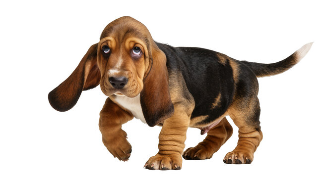 Adorable Basset Hound puppy with long floppy ears, isolated on transparent background