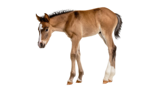 Young brown horse foal with white markings, isolated on transparent background