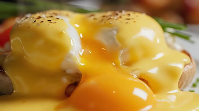 Delicious Eggs Benedict with Hollandaise Sauce Being Poured.