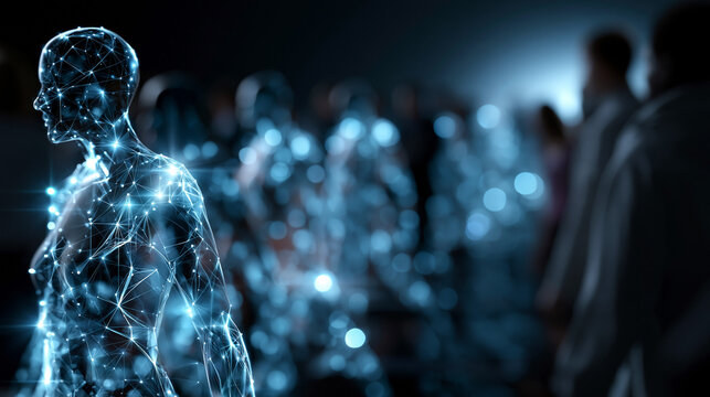 A glowing graphic of ai agents replacing human silhouettes against a dark workforce background, disruption warning, future of work, ai agents, labor unemployment, corporate