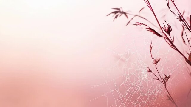 Delicate cobweb on pink pastel background with silhouetted foliage. Halloween, All Hallows Eve, Samhain - Spooky Holiday Season, Fall Festival Celebration
