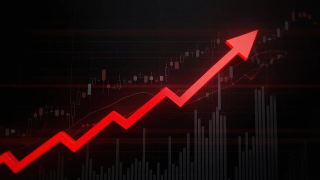 Red upward arrow on stock market chart showing financial growth and investment success