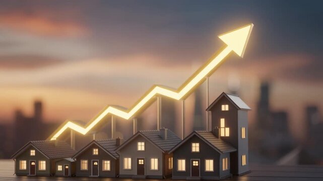 Rising real estate market growth concept with glowing upward arrow over houses at sunset