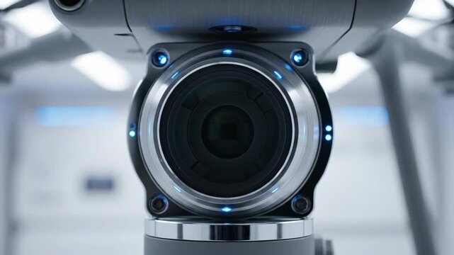 Macro View of Metallic Drone Gimbal Camera Rotating with Glowing Blue LED Lights