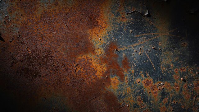 Close up of rusty corroded metal surface with textured peeling paint and weathered industrial decay