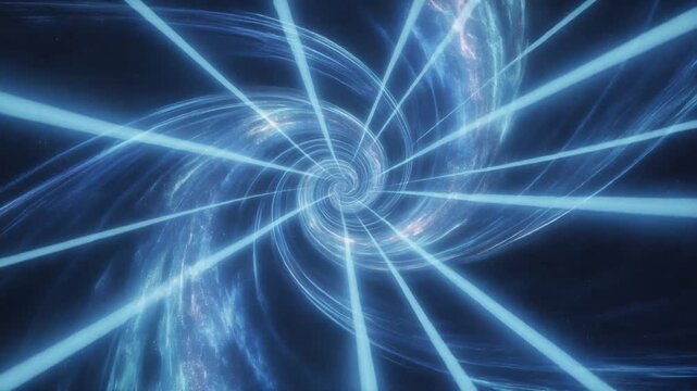 Abstract blue vortex tunnel with glowing light beams and swirling cosmic energy in space background