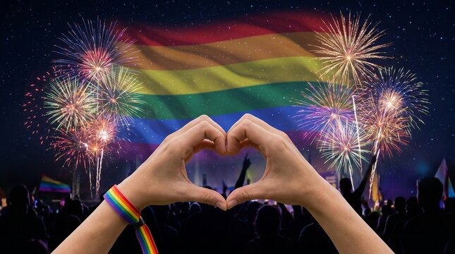 Hands forming a heart shape with a rainbow wristband against a night sky with fireworks, LGBT Pride flag, and a celebrating crowd silhouette. Concept of LGBTQ+ love, equality, and pride festival