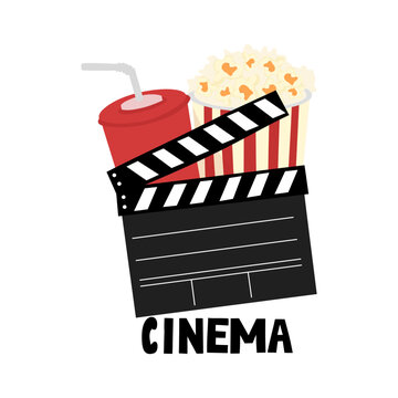 flat design cinema. ada popcorn, minuman soda, tiket bioskop 