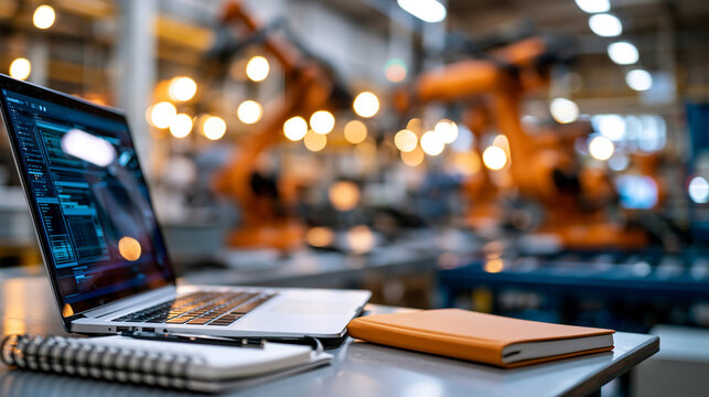 A laptop and notebook on a factory floor table with robotic arms automating electronics assembly in soft blur, diverse factory, electronics assembly, automatic conveyor, ai