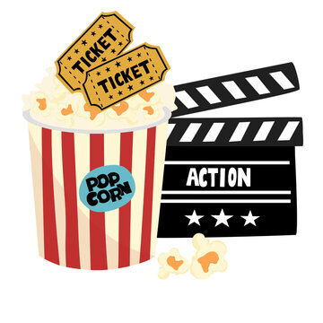 flat design cinema. ada popcorn, minuman soda, tiket bioskop 