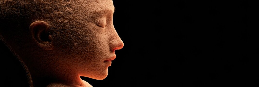 Scene shows a 34-week human fetus in a floating profile view with warm side lighting creating texture on the skin and fine hair.