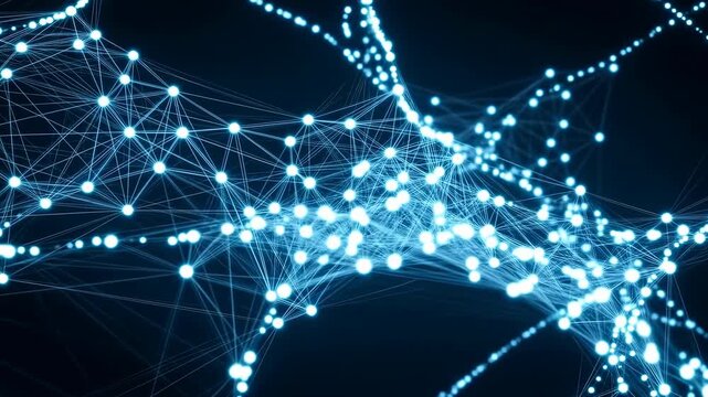 Luminescent Blue Neural Grid Showcasing Intricate Interconnected Nodes With Dynamic Pulsing Signals