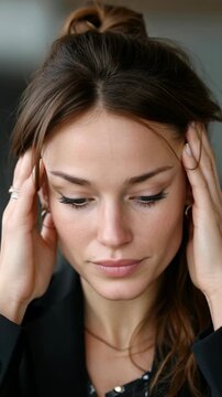 A woman with a green eye and a black jacket. She is holding her head and looking at the camera