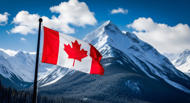 Canadian flag waving against snowy mountain background with blue sky and clouds
