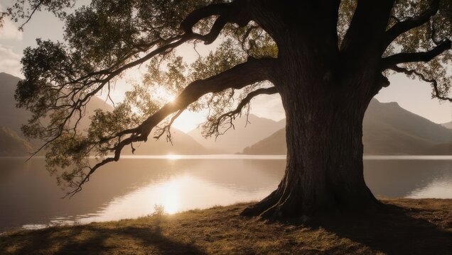 Majestic old tree by serene lake at sunrise, sun rays piercing through branches, mountains in background