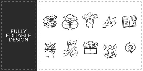 Fototapeta premium Hand drawn mental health and psychology icons with brain lightbulb ideas and therapy symbols flat vector illustration icon bundle set high resolution
