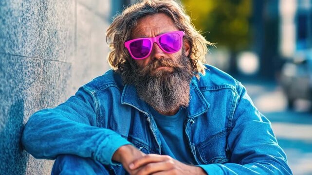Elderly caucasian man in denim jacket and pink sunglasses sitting outdoors