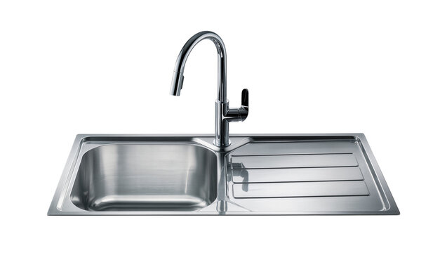 Polished stainless steel kitchen sink with chrome faucet, isolated on transparent background