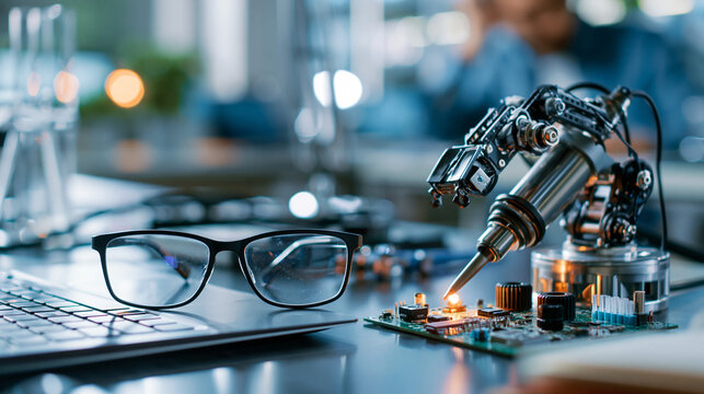 Safety glasses, a soldering iron and a small robot arm kit arranged on a stem learning workbench, student engineer setup, ai robotics learning, safety gear, stem education,