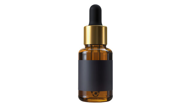 Amber glass dropper bottle with black label and gold cap, isolated on transparent background