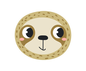 Obraz premium Cute little sloth face illustration isolated. Kawaii cartoon character. Wild animal, baby animal, wildlife, nature, fauna. Kids print, design element, clip art. Hand drawn flat vector