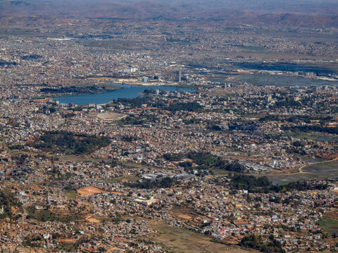 Views from a charter flight above Madagascar showcasing the landscape and urban areas