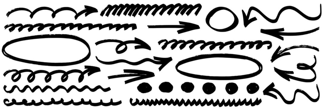 Hand drawn marker sketch set. Pencil and pen lines, highlight and arrow elements, underline strokes. Marker highlight, arrow and underline hand drawn sketch.