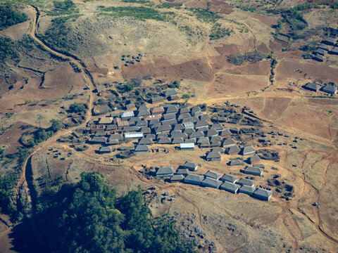 Charter flight views of a village during the journey from Isalo National Airport to Antanavarino in Madagascar