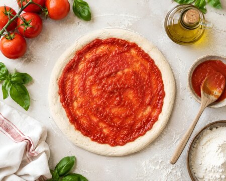 Pizza base with tomato sauce tomatoes basil olive oil ingredients preparation