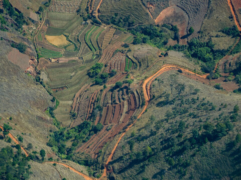 View of terraced farmland during charter flight over Madagascar
