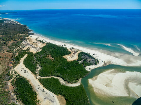 Charter flight view of a river leading to the sea in Madagascar near Anjajavy Private Reserve