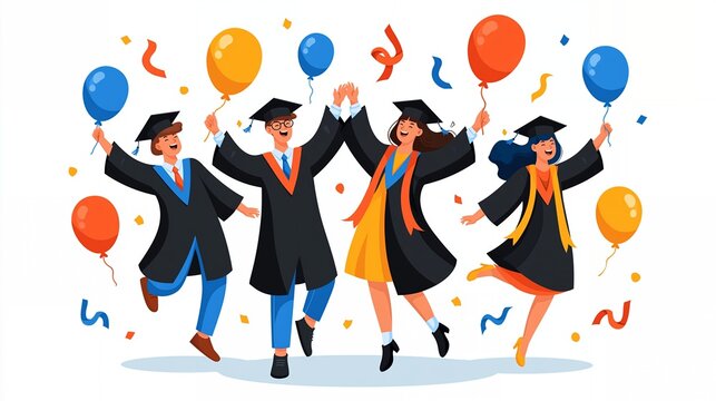 Graduates in academic regalia jump for joy while holding colorful balloons and confetti during a festive celebration.