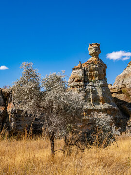 Rock formation resembling a crowned queen in Isalo during daylight hours in Madagascar