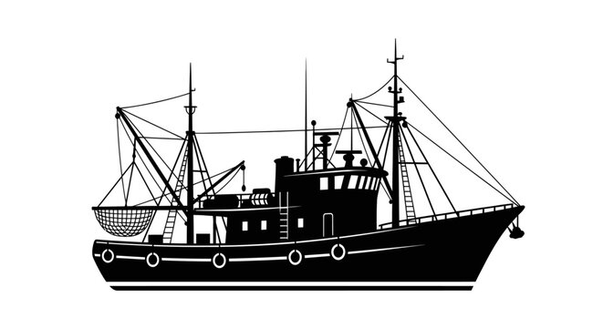 Black silhouette of a commercial fishing trawler isolated on a white background.