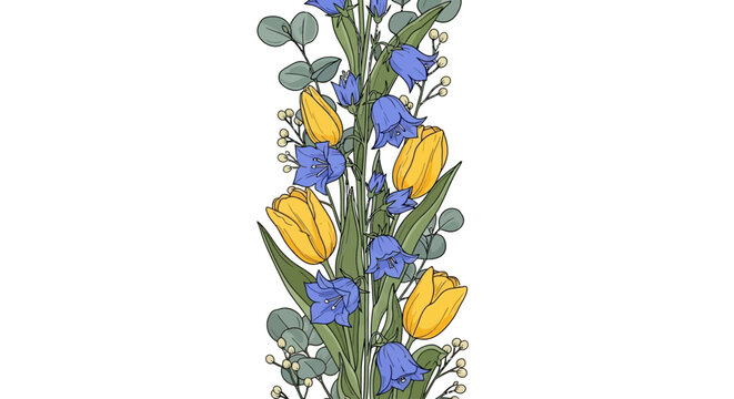 Vertical floral border with yellow tulips and blue bellflowers on a white background.