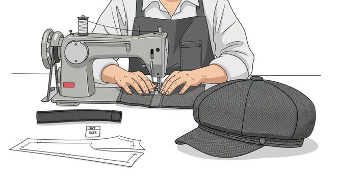 Seamstress sewing a cap with a sewing machine and pattern
