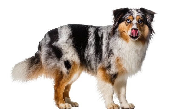 Merle Australian Shepherd dog with pink tongue licking lips, isolated on transparent background