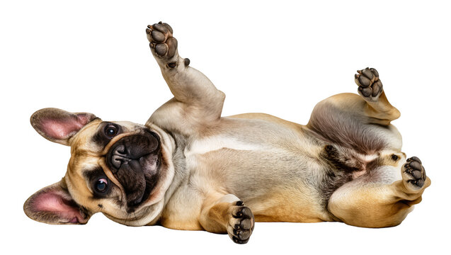 Fawn French Bulldog puppy lying on its back, isolated on transparent background