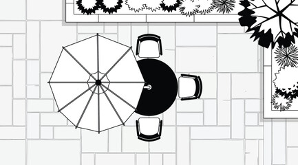 Top view of an outdoor patio dining set with a large umbrella and garden landscaping © S.Siam