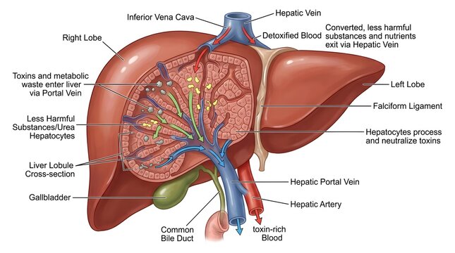 Detailed anatomy of the human liver showing right and left lobes, hepatic artery, portal vein, hepatic veins and biliary ducts, highlighting detoxification of harmful substances and processing of nutr