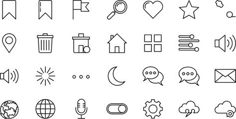 Fototapeta premium Minimal user interface icon collection with outline communication navigation and multimedia symbols vector illustration isolated design set