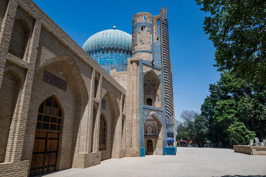 Green Mosque in Balkh showcases intricate architecture and historical significance at a sunny midday