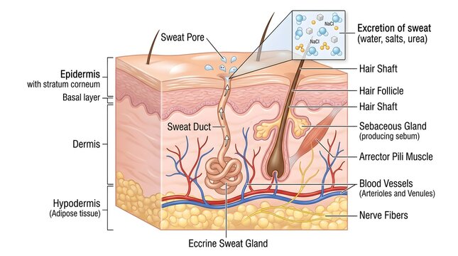 Illustration of human skin layers with eccrine sweat gland, hair follicle, sebaceous gland, blood vessels and nerve fibers, showing excretion of sweat containing water, salts and urea through pores fo